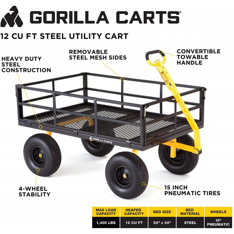 Gorilla Carts GOR1400-COM Heavy-Duty Steel Utility Cart with Removable Sides and 15