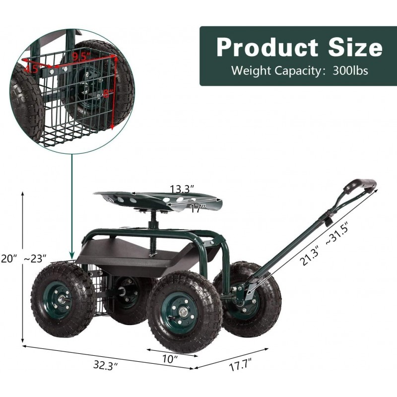 Peach Tree Garden Cart Rolling Work Seat with Tool Tray Heavy Duty Scooter Gardening Planting