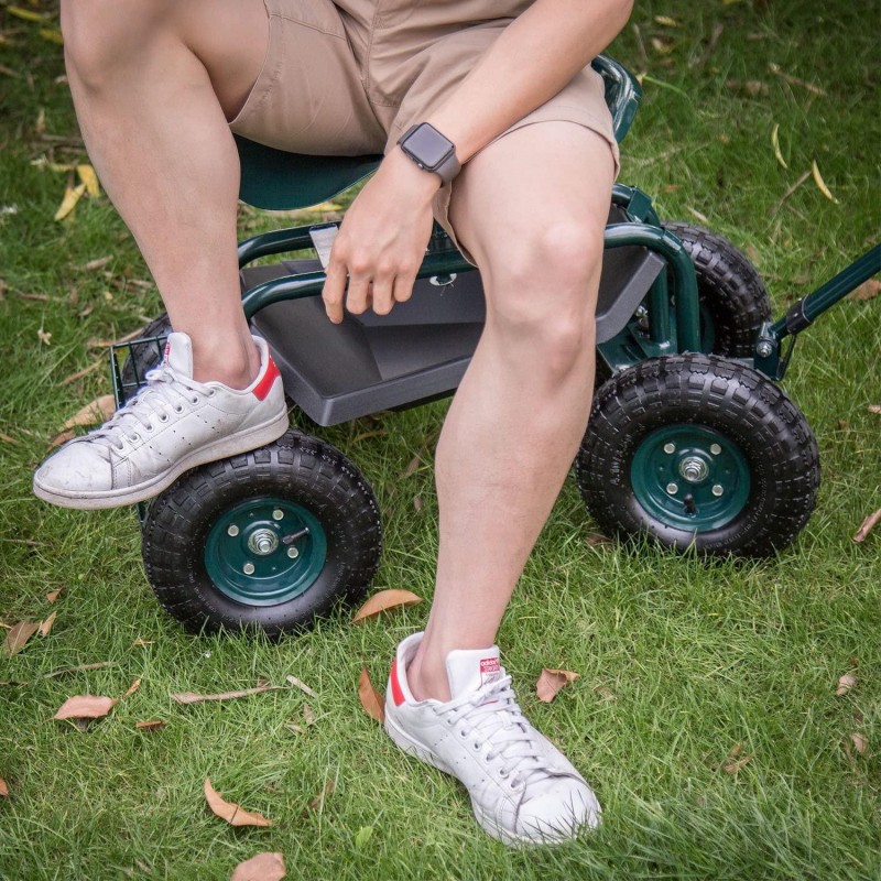 Peach Tree Garden Cart Rolling Work Seat with Tool Tray Heavy Duty Scooter Gardening Planting