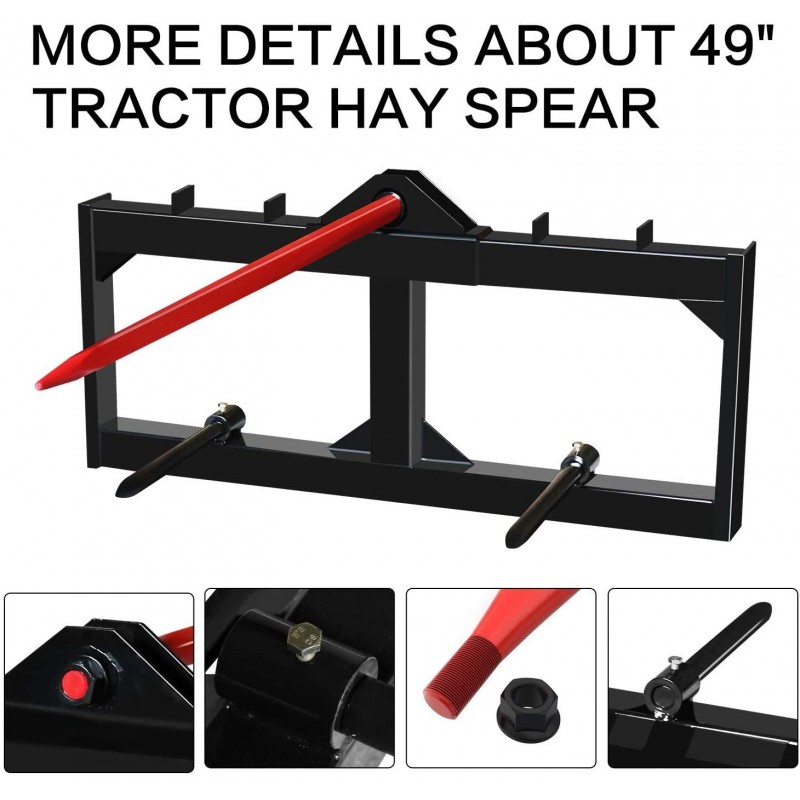 EBESTTECH 49 Inch Tractor Hay Spear Attachment 3000LBS Spike Skid Steer Quick Attach Bobcat Tractors with 1pc Red Hay Spear + 2pcs Black Stabilizer Spears Spike Fork Tine