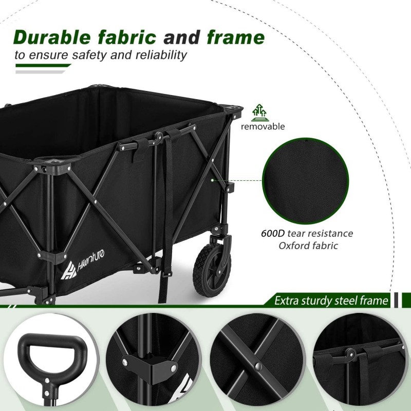 Hikenture Folding Wagon Cart, Portable Large Capacity Beach Wagon, Heavy Duty Utility Collapsible Wagon with All-Terrain Wheels, Outdoor Garden Cart Foldable Wagon for Sports, Shopping, Camping(Black)