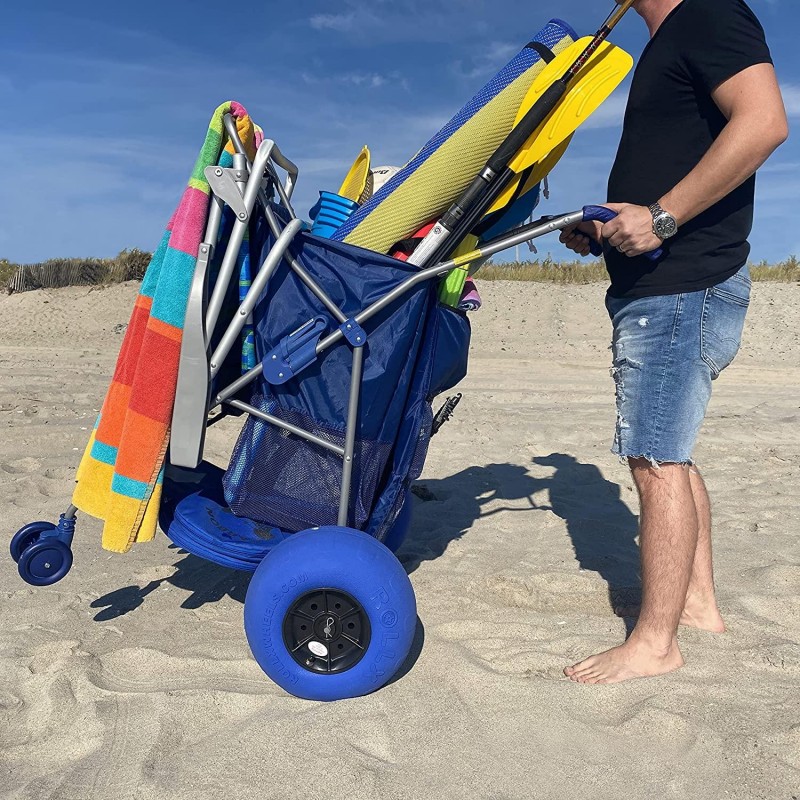 RollX Foldable Storage Wagon Beach Cart 12 inch Balloon Wheels - ( Pump Included ) (Blue)