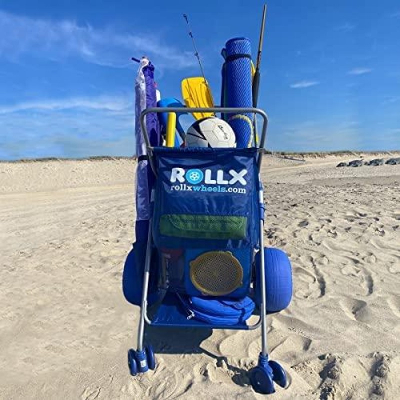 RollX Foldable Storage Wagon Beach Cart 12 inch Balloon Wheels - ( Pump Included ) (Blue)