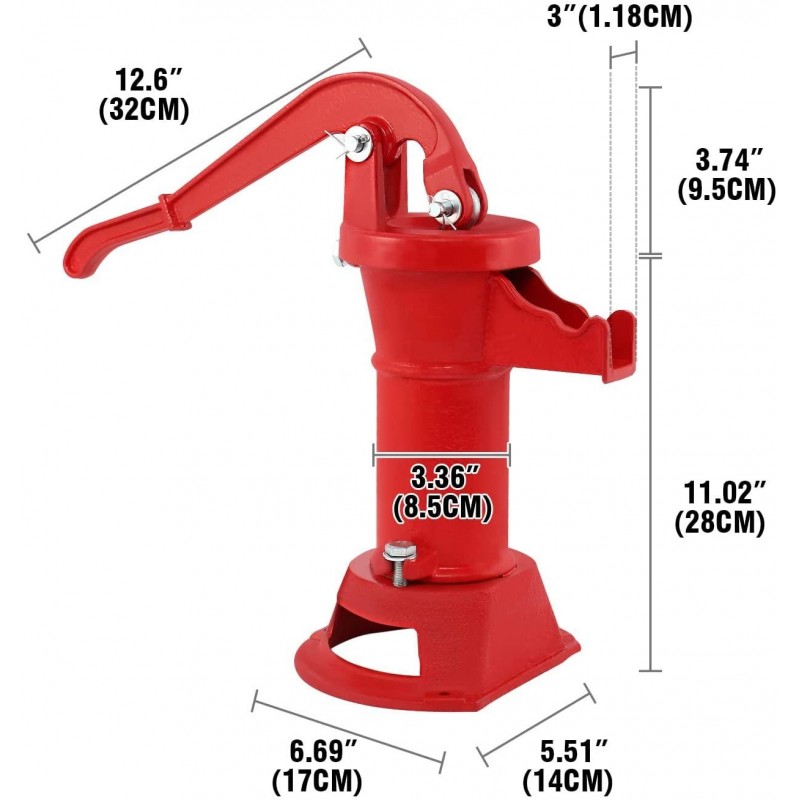 Ridgeyard 1160/ PP500NL Hand Water Pitcher Pump #2 Cast Iron Press Suction Outdoor Yard Ponds Water Garden with Spare Cup Leather and Lower Valve Leather（Red）