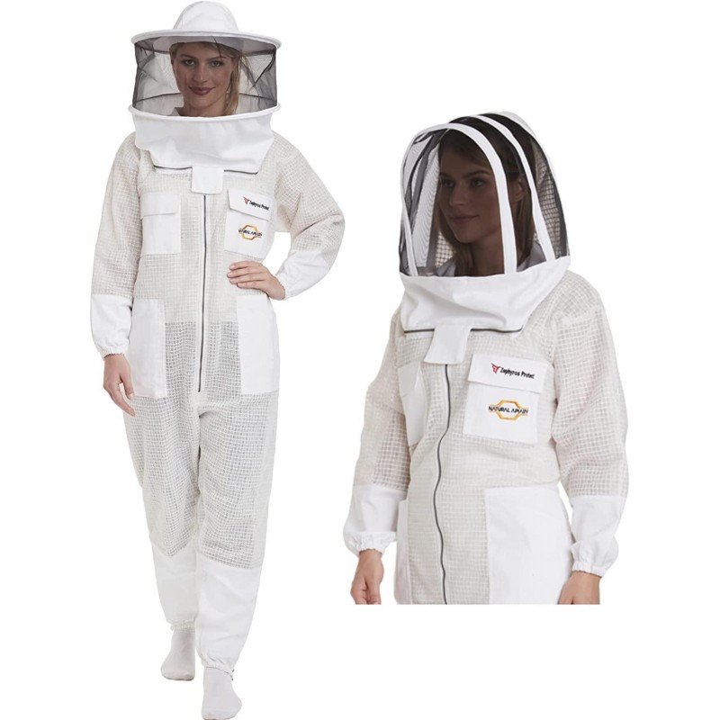 Zephyros Protect - 3 Layer Ventilated Beekeeping Suit Outfit - with 2 Non-Flammable Veil Mesh (Round & Fencing) - Beekeepers Stay Ultra Cool & Protection from Bees & Wasps