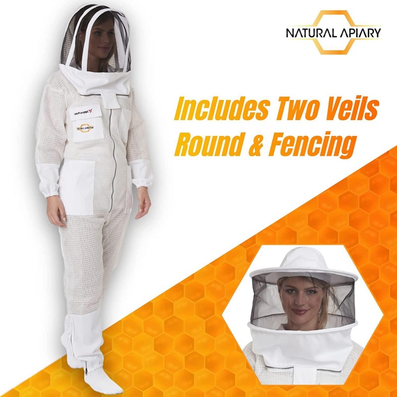 Zephyros Protect - 3 Layer Ventilated Beekeeping Suit Outfit - with 2 Non-Flammable Veil Mesh (Round & Fencing) - Beekeepers Stay Ultra Cool & Protection from Bees & Wasps