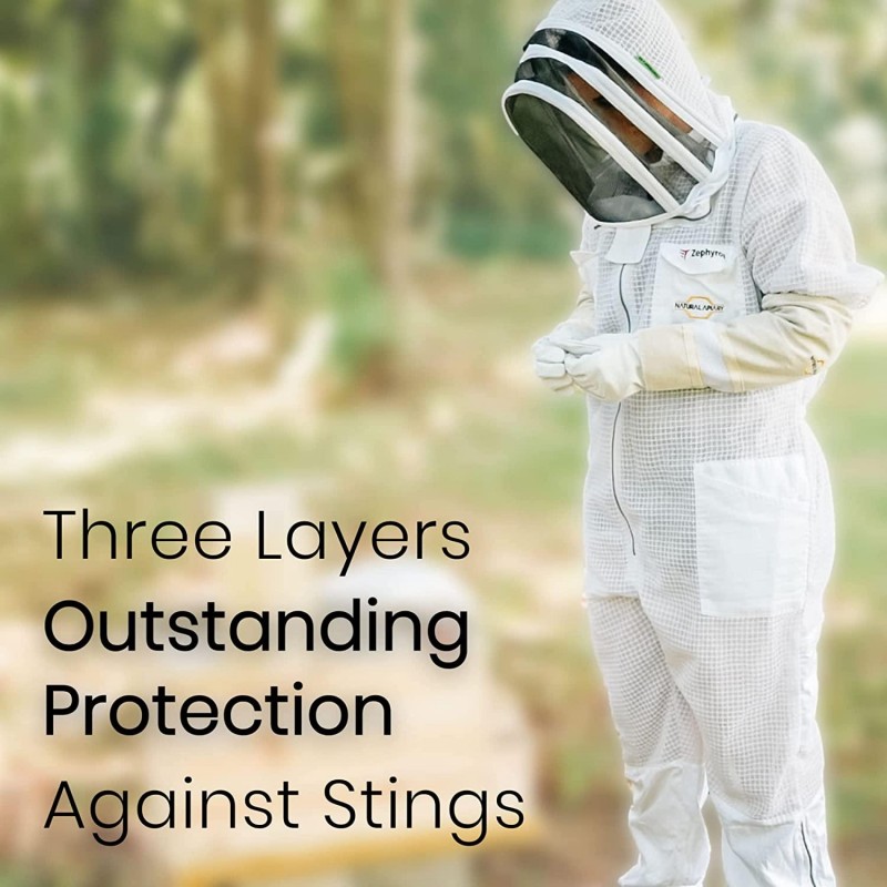 Zephyros Protect - 3 Layer Ventilated Beekeeping Suit Outfit - with 2 Non-Flammable Veil Mesh (Round & Fencing) - Beekeepers Stay Ultra Cool & Protection from Bees & Wasps