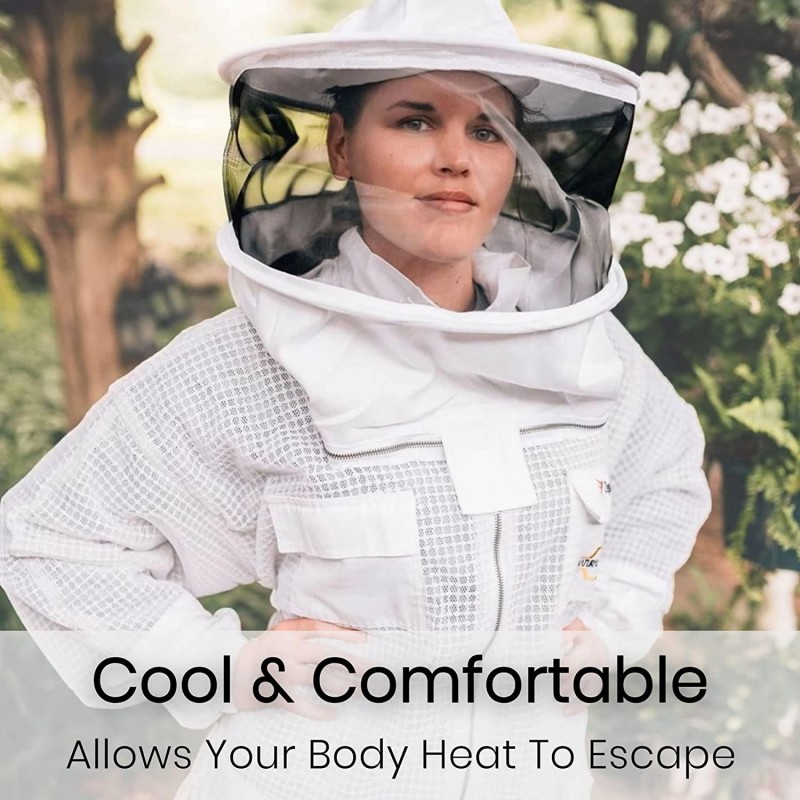 Zephyros Protect - 3 Layer Ventilated Beekeeping Suit Outfit - with 2 Non-Flammable Veil Mesh (Round & Fencing) - Beekeepers Stay Ultra Cool & Protection from Bees & Wasps