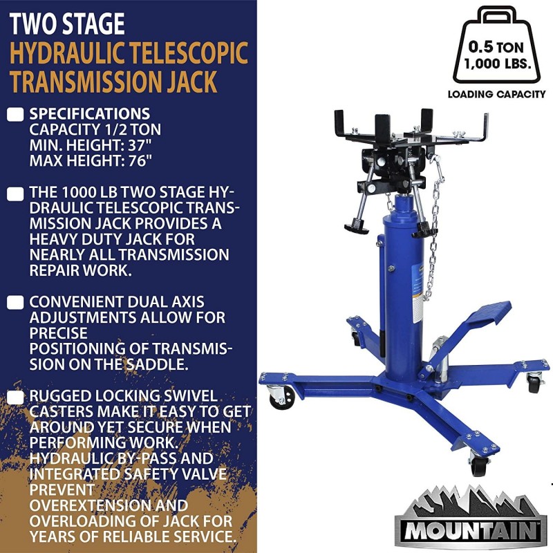 Mountain 1,000 Lb. Two Stage Hydraulic Telescopic Transmission Jack; Easy to Use Foot Pump, Heavy Duty Steel, Dual Axis Pivoting Saddle; MTN60504