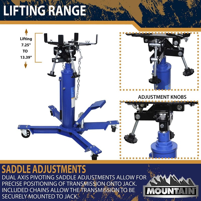 Mountain 1,000 Lb. Two Stage Hydraulic Telescopic Transmission Jack; Easy to Use Foot Pump, Heavy Duty Steel, Dual Axis Pivoting Saddle; MTN60504