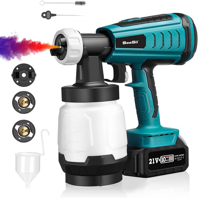 Cordless Paint Sprayer, Seesii HVLP Electric Portable Paint Spray Gun Battery Powered Brushless with 3 Spray Patterns Ideal for Home Interior Exterior