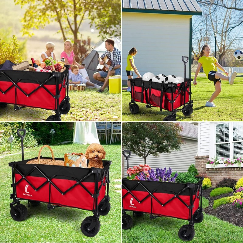 Lavacika Folding Utility Wagon Garden Carts with Wheels Heavy Duty Wagon Shopping Cart for Beach Sports Outdoor Camping Fishing BBQ (Red)