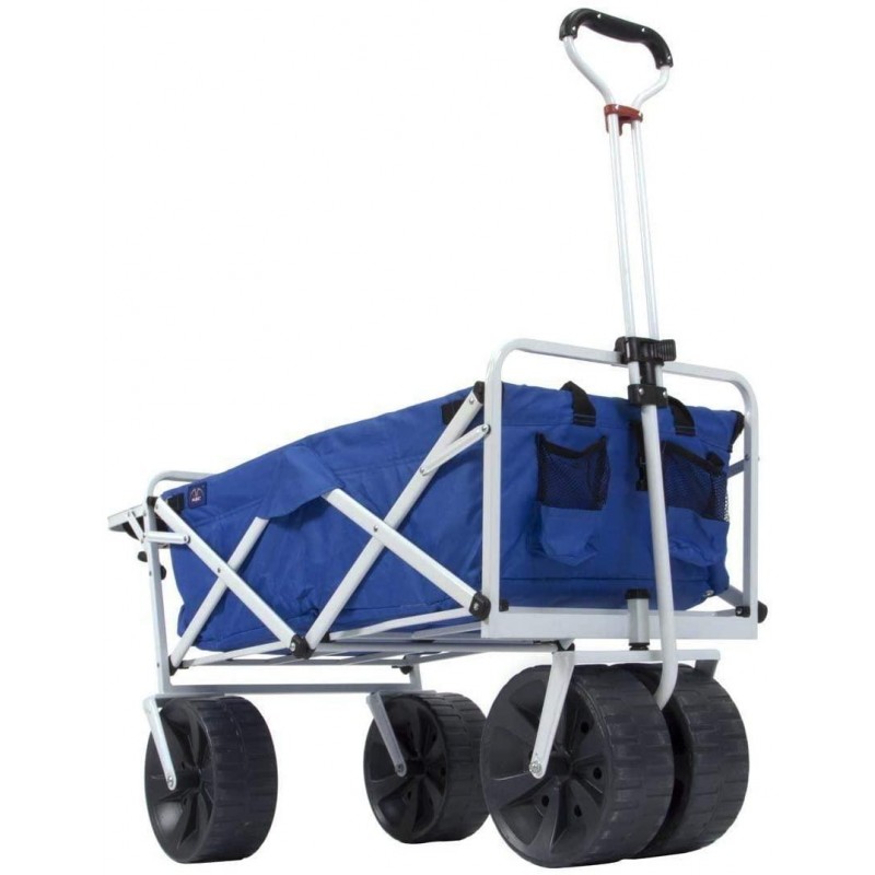 MacSports All Terrain Beach Wagon with Side Table|Heavy Duty Collapsible Folding Cart with Large Wheels for Beach Day, Picnic, Camping, Outdoor Activities | Blue/White