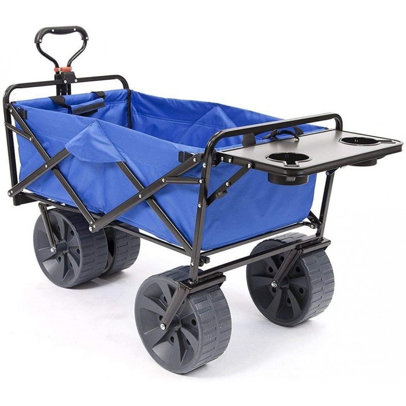 MacSports All Terrain Beach Wagon with Side Table|Heavy Duty Collapsible Folding Cart with Large Wheels for Beach Day, Picnic, Camping, Outdoor Activities | Blue/White