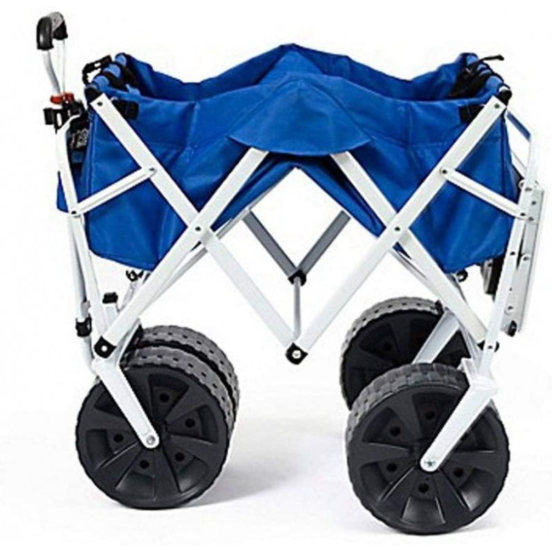 MacSports All Terrain Beach Wagon with Side Table|Heavy Duty Collapsible Folding Cart with Large Wheels for Beach Day, Picnic, Camping, Outdoor Activities | Blue/White