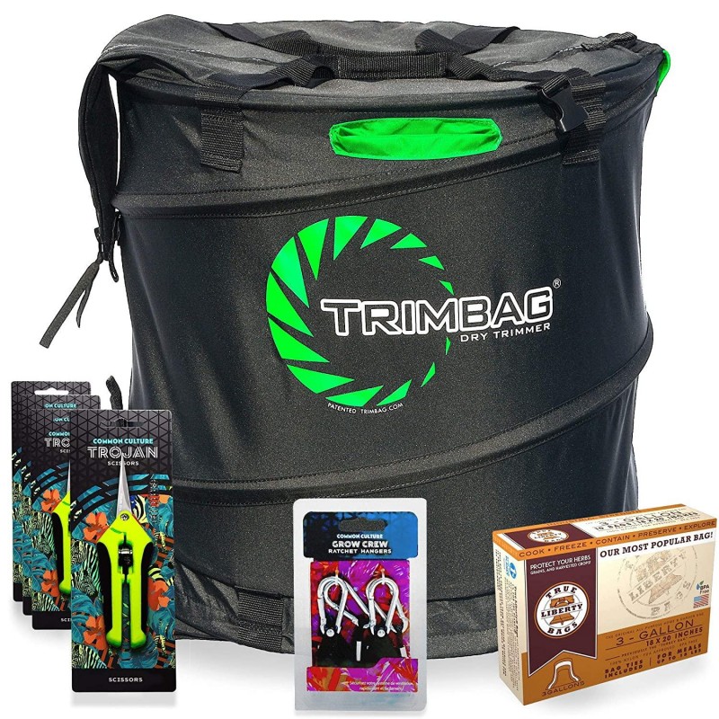 Trimbag Premium Complete Dry Trimming Kit Bundle with 4 Common Culture Trimming Scissors, 1 Pair of Grow Crew Ratchet Hangers, 10 Pack of Turkey Bags and Accessories (7 Items)