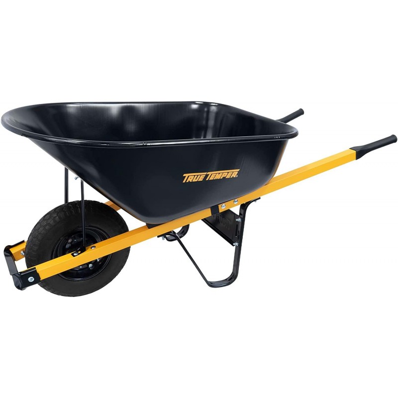 True Temper R6STFFEC 6 Cu. Ft Steel Tray Wheelbarrow with Never Flat Tire & Steel Handles, Black