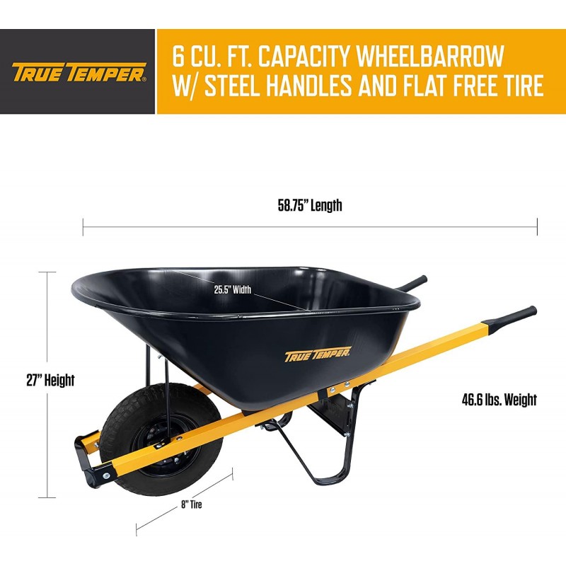 True Temper R6STFFEC 6 Cu. Ft Steel Tray Wheelbarrow with Never Flat Tire & Steel Handles, Black