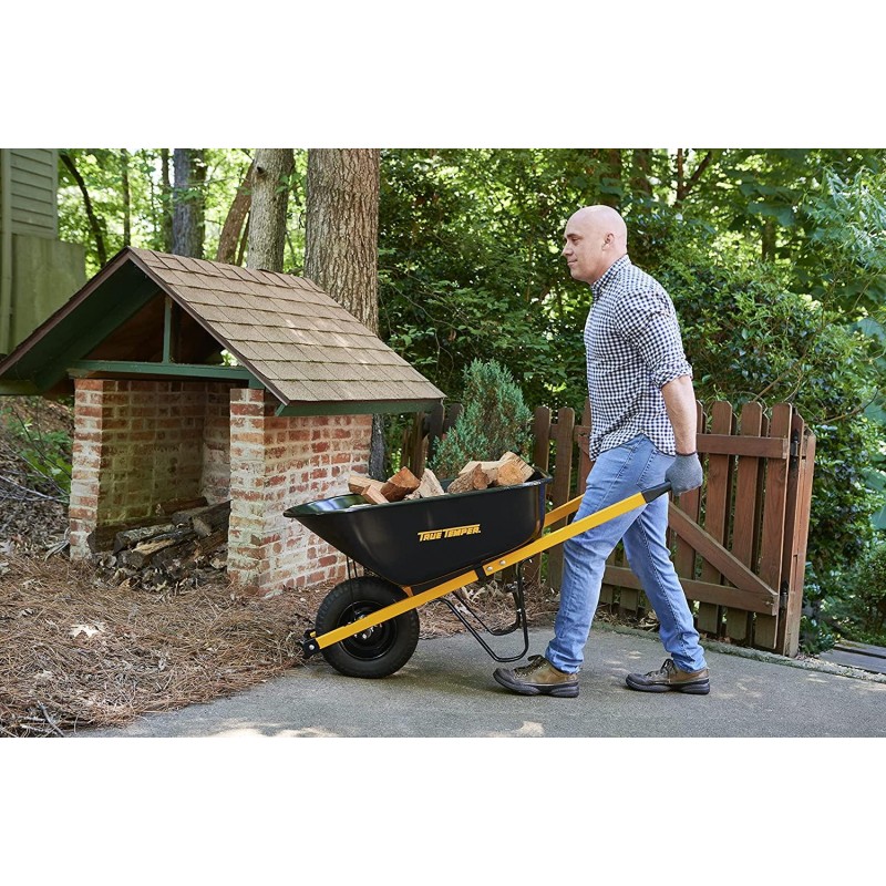 True Temper R6STFFEC 6 Cu. Ft Steel Tray Wheelbarrow with Never Flat Tire & Steel Handles, Black