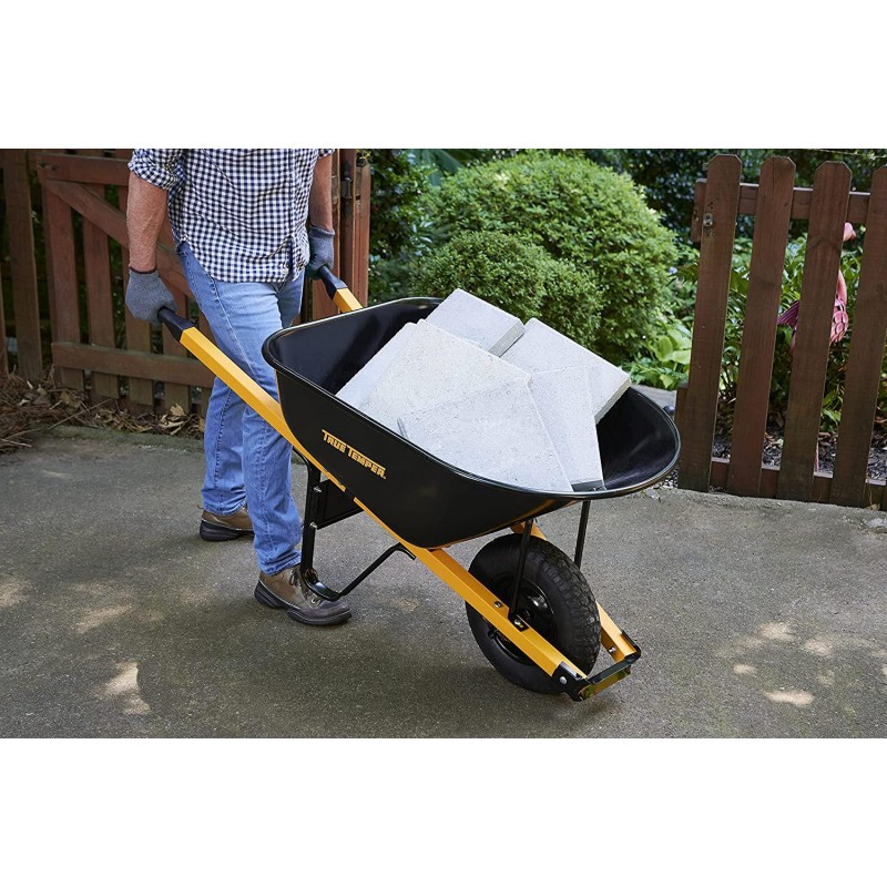 True Temper R6STFFEC 6 Cu. Ft Steel Tray Wheelbarrow with Never Flat Tire & Steel Handles, Black