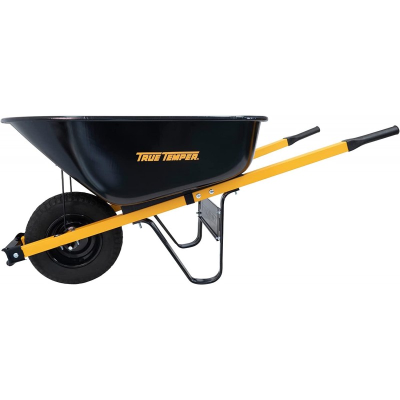 True Temper R6STFFEC 6 Cu. Ft Steel Tray Wheelbarrow with Never Flat Tire & Steel Handles, Black