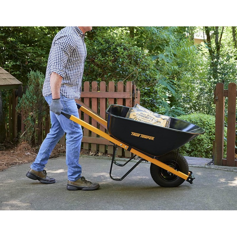 True Temper R6STFFEC 6 Cu. Ft Steel Tray Wheelbarrow with Never Flat Tire & Steel Handles, Black