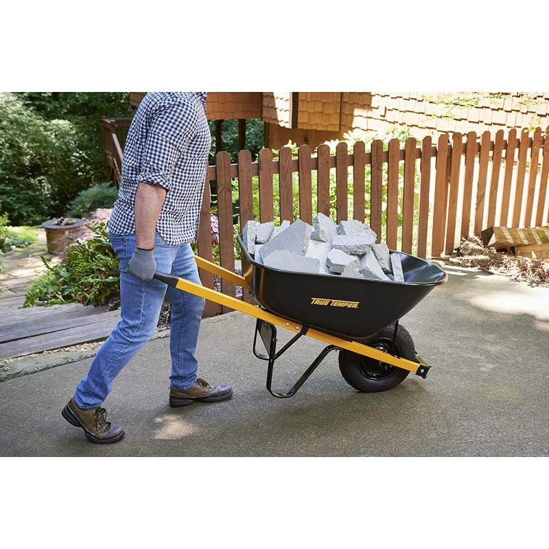 True Temper R6STFFEC 6 Cu. Ft Steel Tray Wheelbarrow with Never Flat Tire & Steel Handles, Black