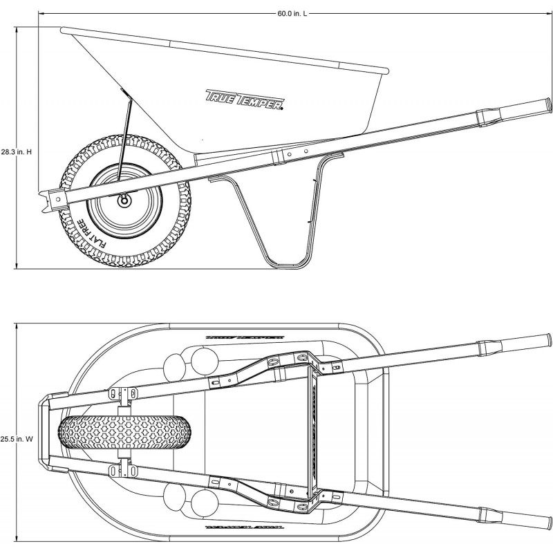 True Temper R6STFFEC 6 Cu. Ft Steel Tray Wheelbarrow with Never Flat Tire & Steel Handles, Black