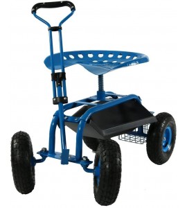 Sunnydaze Garden Cart Rolling Scooter with Extendable Steering Handle, Swivel Seat & Utility Basket, Blue