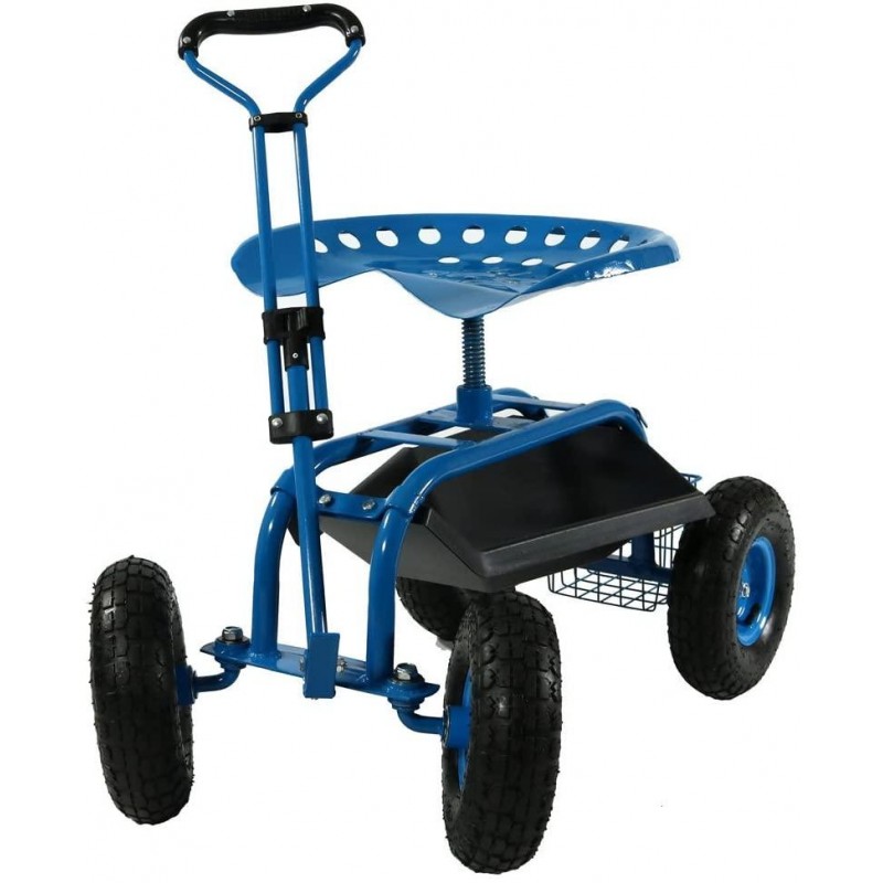 Sunnydaze Garden Cart Rolling Scooter with Extendable Steering Handle, Swivel Seat & Utility Basket, Blue