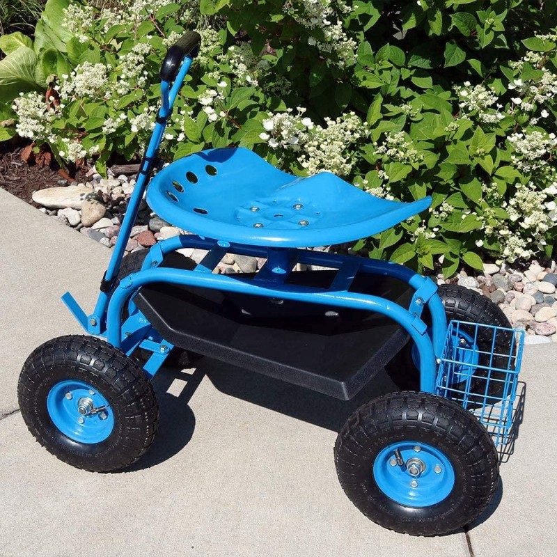 Sunnydaze Garden Cart Rolling Scooter with Extendable Steering Handle, Swivel Seat & Utility Basket, Blue