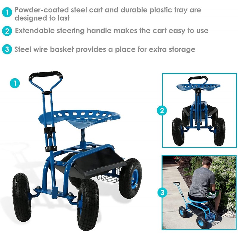 Sunnydaze Garden Cart Rolling Scooter with Extendable Steering Handle, Swivel Seat & Utility Basket, Blue