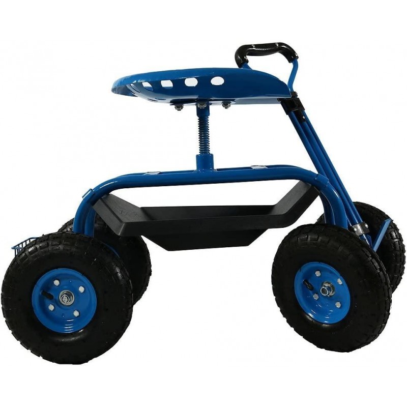 Sunnydaze Garden Cart Rolling Scooter with Extendable Steering Handle, Swivel Seat & Utility Basket, Blue