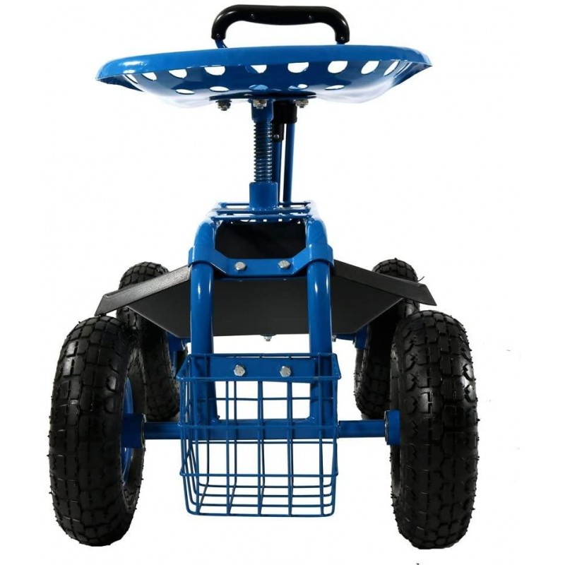 Sunnydaze Garden Cart Rolling Scooter with Extendable Steering Handle, Swivel Seat & Utility Basket, Blue