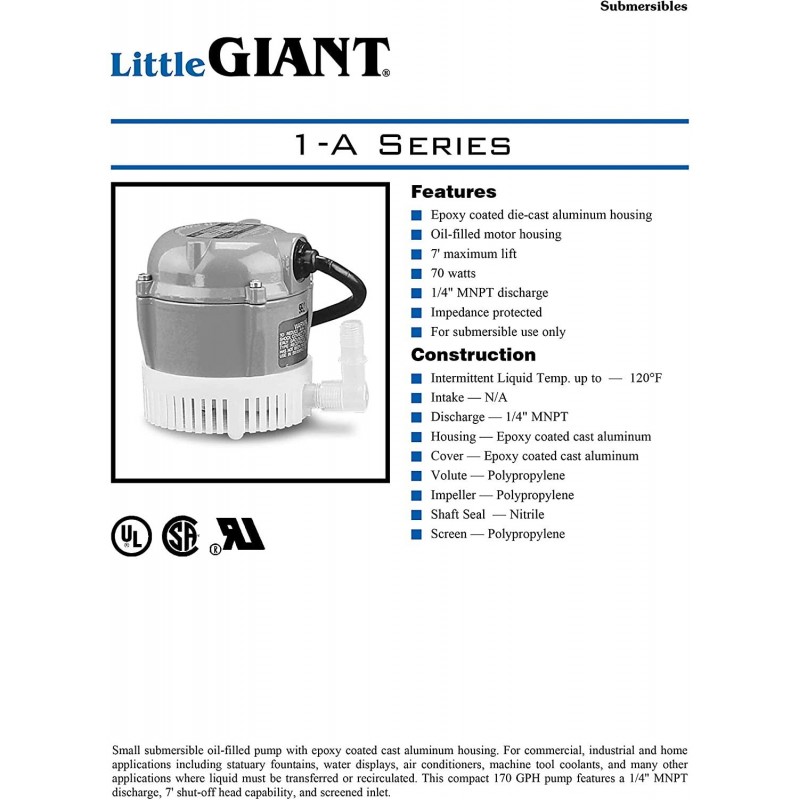 Little Giant 1-A 115 Volt, 1/200 HP, 170 GPH Small Submersible Permanently Oiled Pump for Fountain, Water Displays and Air Conditioners, 6-Foot Cord, Blue, 500203