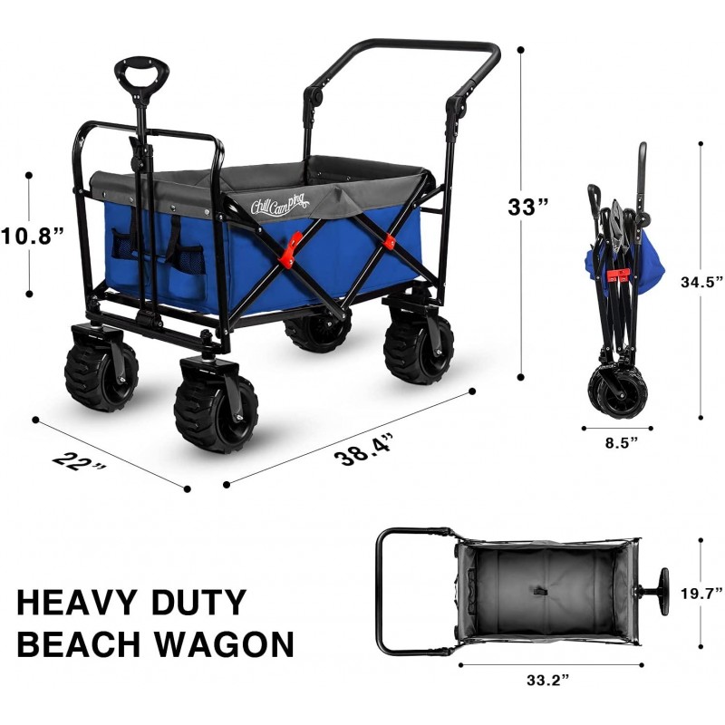 Push and Pull Beach Wagon with Big Wide Rubber Wheels, All Terrain Heavy Duty Grocery Cart Utility Collapsible Wagon for Outdoor Garden Picnic Beach Sports Camping, Blue