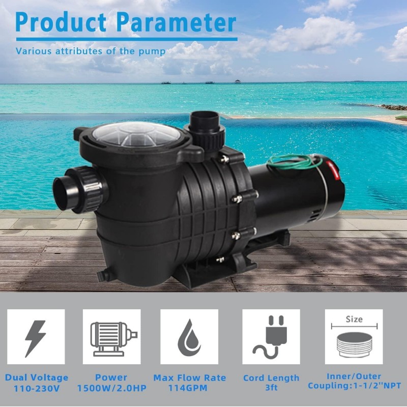 TRUPOW 2.0HP 114GPM Swimming Pool Pump 110V/220V Dual Voltage Garden InGround and Above Ground Pool Water Pump with Strainer Filter Basket