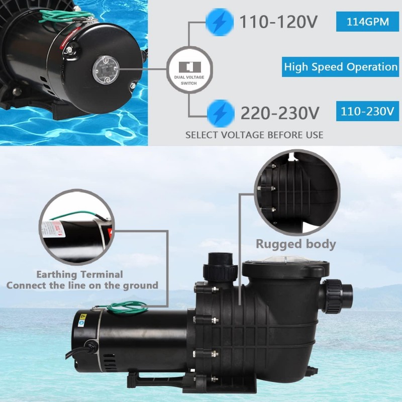 TRUPOW 2.0HP 114GPM Swimming Pool Pump 110V/220V Dual Voltage Garden InGround and Above Ground Pool Water Pump with Strainer Filter Basket