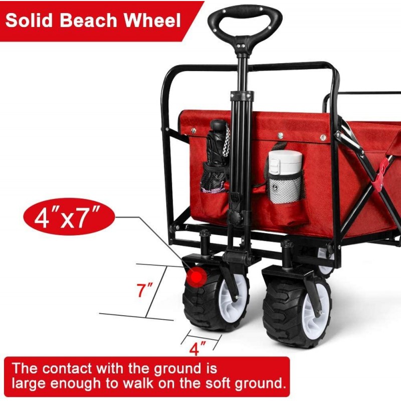 BEAU JARDIN Folding Beach Wagon Cart 300 Pound Capacity Collapsible Utility Camping Grocery Canvas Sturdy Portable Rolling Outdoor Garden Sport Heavy Duty Shopping Wide All Terrain Wheel Red BG378