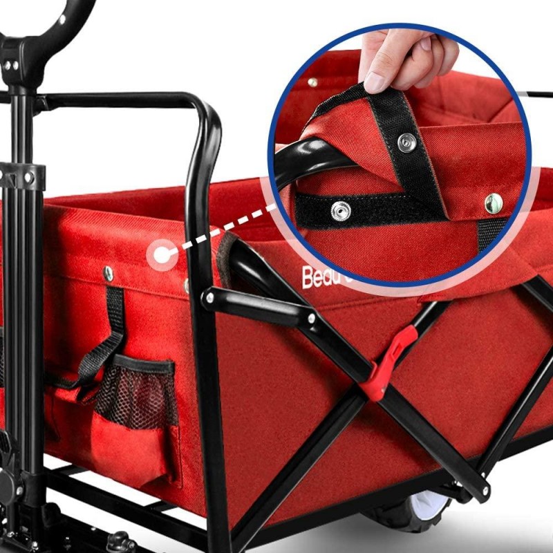 BEAU JARDIN Folding Beach Wagon Cart 300 Pound Capacity Collapsible Utility Camping Grocery Canvas Sturdy Portable Rolling Outdoor Garden Sport Heavy Duty Shopping Wide All Terrain Wheel Red BG378