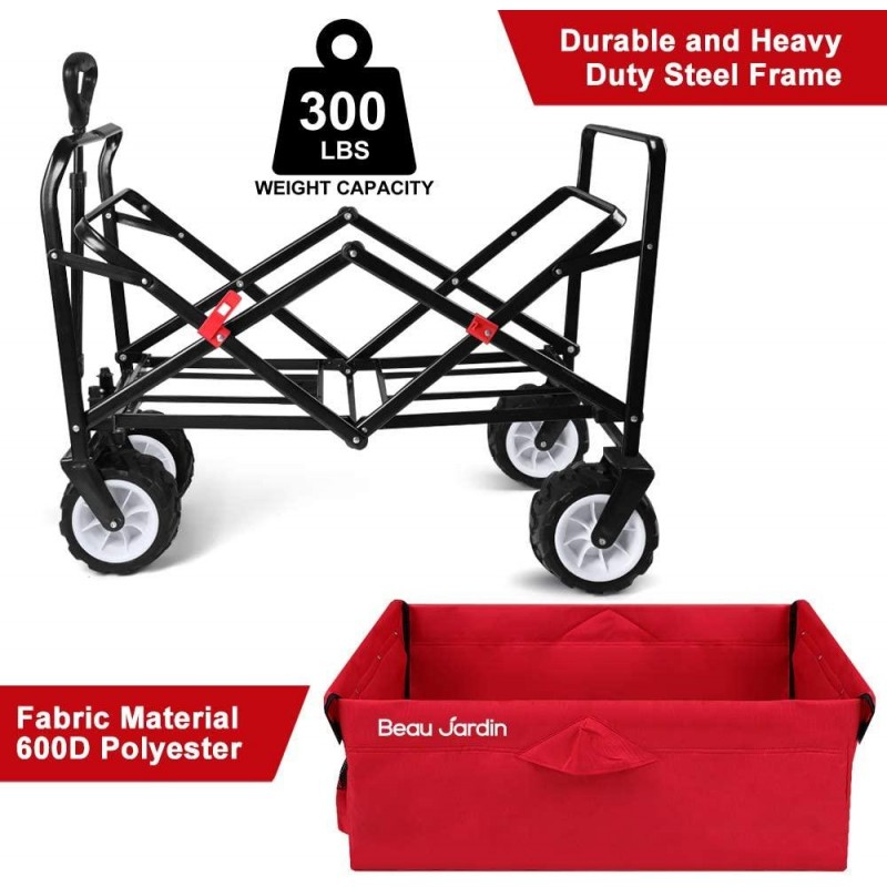 BEAU JARDIN Folding Beach Wagon Cart 300 Pound Capacity Collapsible Utility Camping Grocery Canvas Sturdy Portable Rolling Outdoor Garden Sport Heavy Duty Shopping Wide All Terrain Wheel Red BG378