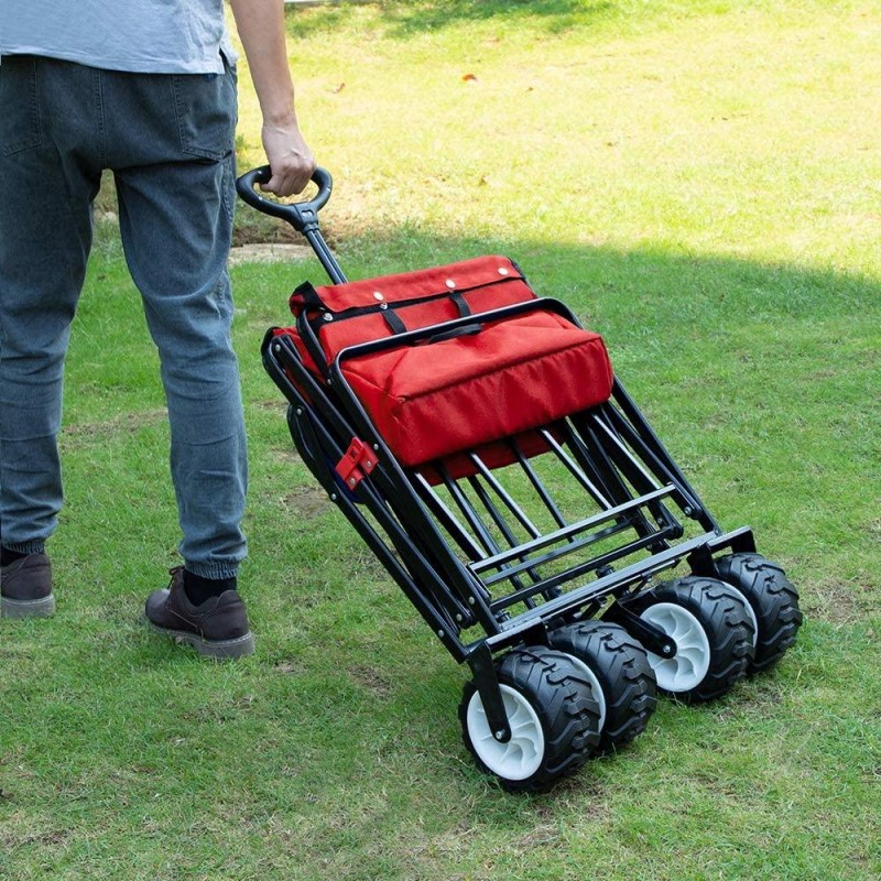 BEAU JARDIN Folding Beach Wagon Cart 300 Pound Capacity Collapsible Utility Camping Grocery Canvas Sturdy Portable Rolling Outdoor Garden Sport Heavy Duty Shopping Wide All Terrain Wheel Red BG378