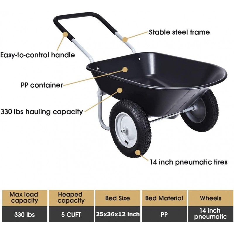 Goplus Dual Wheel Wheelbarrow, Heavy Duty Garden Cart, 330 lbs Capacity Utility Cart with Two 13 inches Pneumatic Tires for Outdoor Lawn Yard Farm Ranch