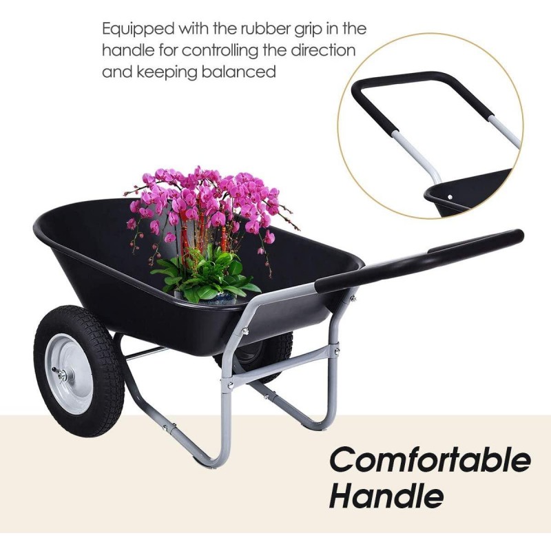 Goplus Dual Wheel Wheelbarrow, Heavy Duty Garden Cart, 330 lbs Capacity Utility Cart with Two 13 inches Pneumatic Tires for Outdoor Lawn Yard Farm Ranch