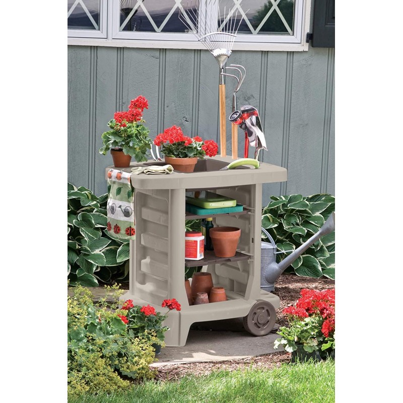 Suncast Portable Outdoor Garden Cart - Durable Resin Gardening Center on Wheels - Store Garden Accessories and Equipment - Ideal for Gardening and Outdoor Projects - Taupe