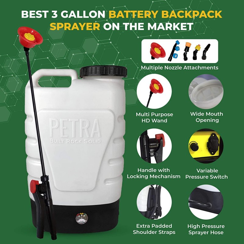 PetraTools 3-Gallon Battery Powered Backpack Sprayer – Extended Spray Time Long-Life Battery - New HD Wand Included, Wide Mouth Lid, Comes with Multiple Nozzles & Battery Included, 65+ PSI