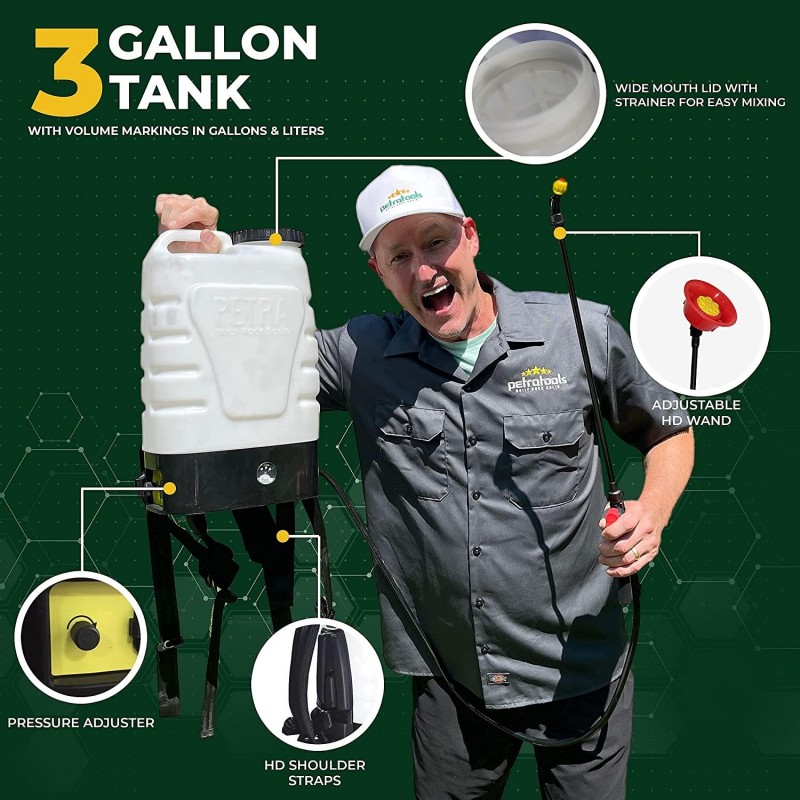 PetraTools 3-Gallon Battery Powered Backpack Sprayer – Extended Spray Time Long-Life Battery - New HD Wand Included, Wide Mouth Lid, Comes with Multiple Nozzles & Battery Included, 65+ PSI