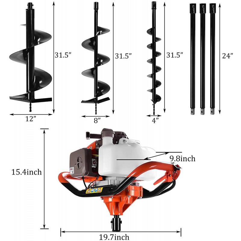 DatingDay 72CC 2-Stroke Auger Post Hole Digger 4HP Gas Powered Earth Auger Digging Engine with 3 Bits （4