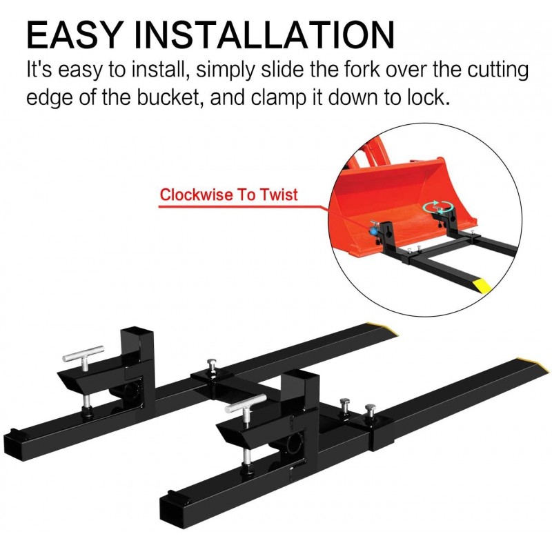 EBESTTECH 1PC 4000LBS Clamp on Pallet Forks 60 Inch Heavy Duty Steel Fork Length Pallet Bucket Forks with Adjustable Stabilizer Bar for Loader Bucket Skidsteer Tractor