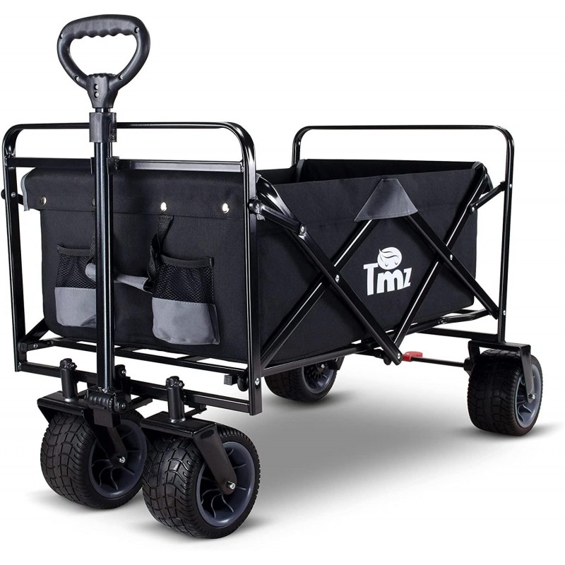 TMZ All Terrain Utility Folding Wagon, Collapsible Garden Cart, Heavy Duty Beach Wagon, for Shopping and Outdoor Activities (Black/Grey)